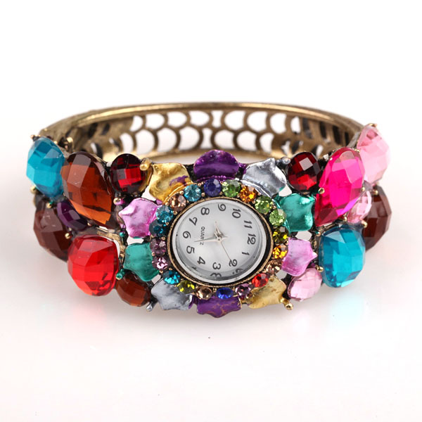 Stylish Flower Rhinestone Bangle Watch For Ladies