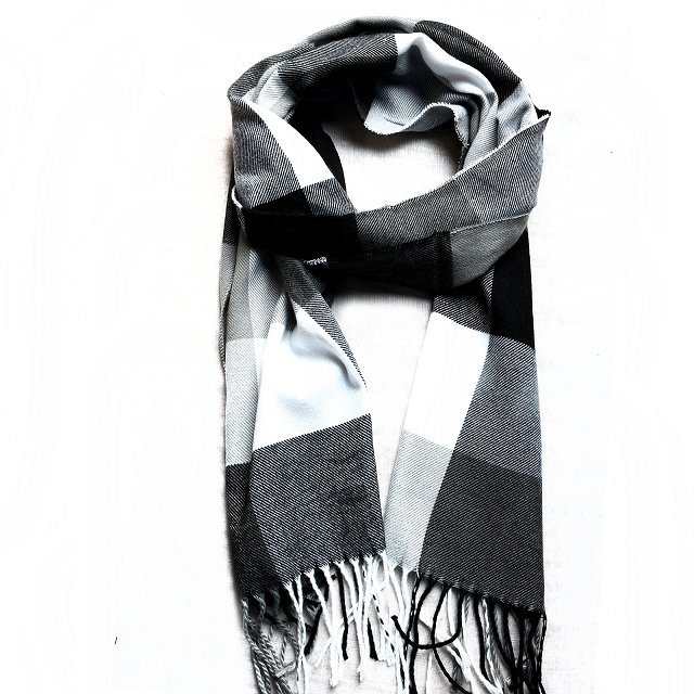 Grid Printing Scarf With Fringe