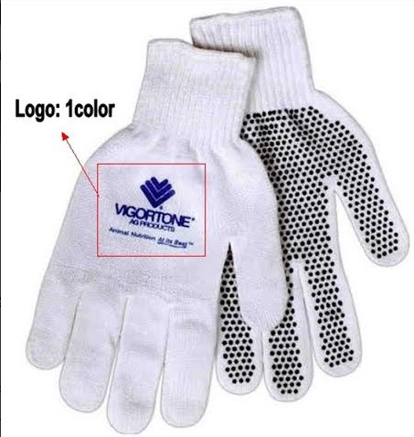 Cotton/polyester blend gloves with PVC dots on palm.