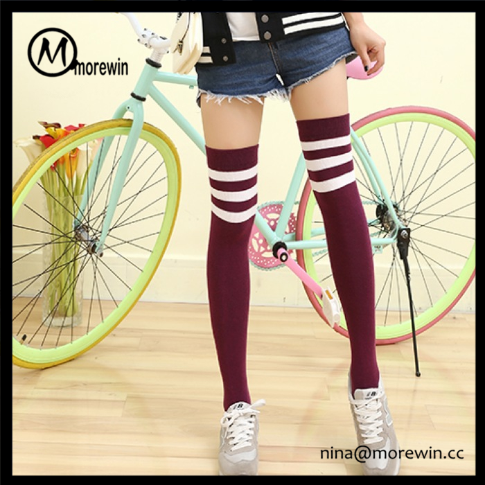 Morewin Brand 3 Stripes Women Over The Knee Stockings Cotton Socks