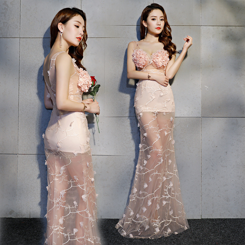 Floor Length Sheer Sexy Mermaid Silk 3D Floral Lace Show Dress