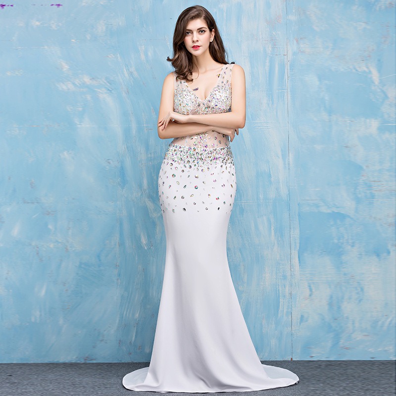 White Sexy Transparent Silk Mermaid Actress Model Dress With Train Shiny Stones