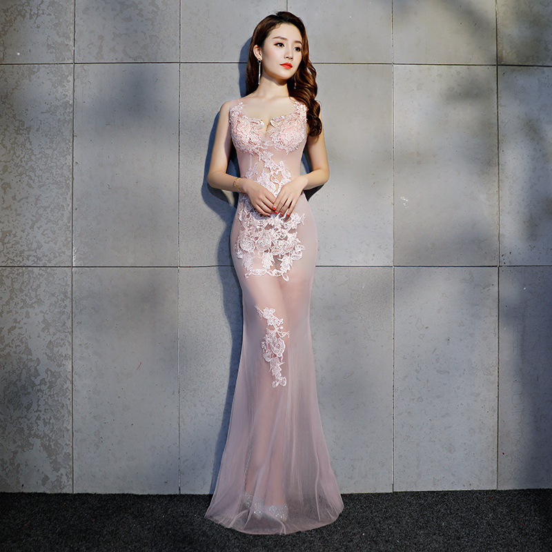 Pink Transparent Sexy Long Mermaid Silk Floral Lace Dress