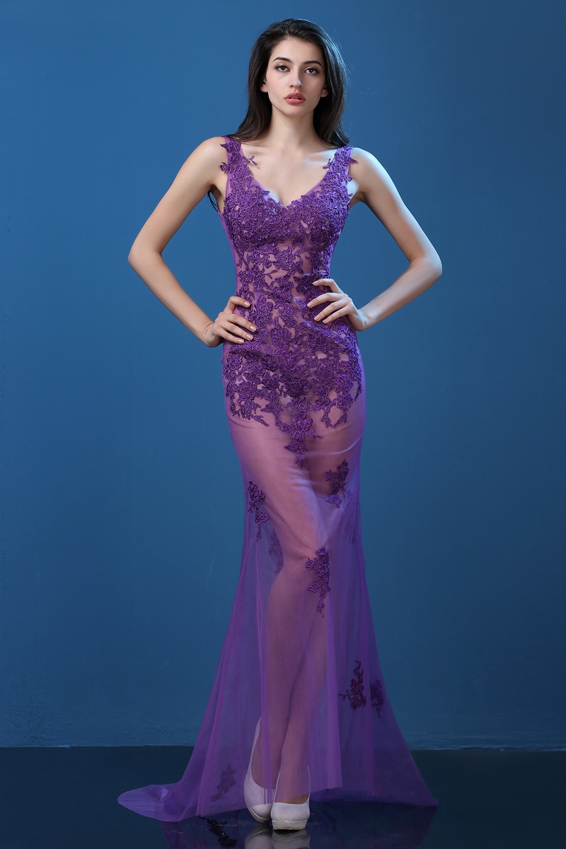 Dark Purple Sexy Mermaid Train Silk Lace Actress Dress Maxi Transparent