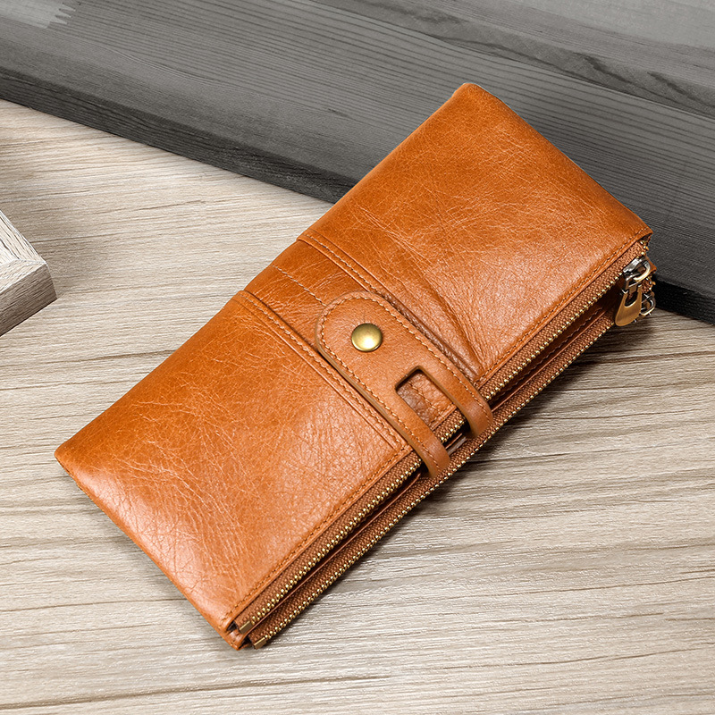 Light brown cowhide leather wallet for women, RFID blocking