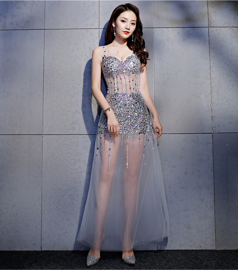 Sexy Transparent A-Line Silk Actress Dress Long Maxi Shiny Stones