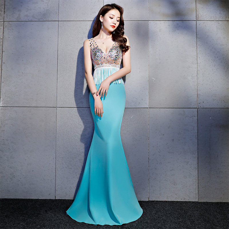 Long Mermaid Evening Dress Real Silk Shining Stones Tassel Open Back