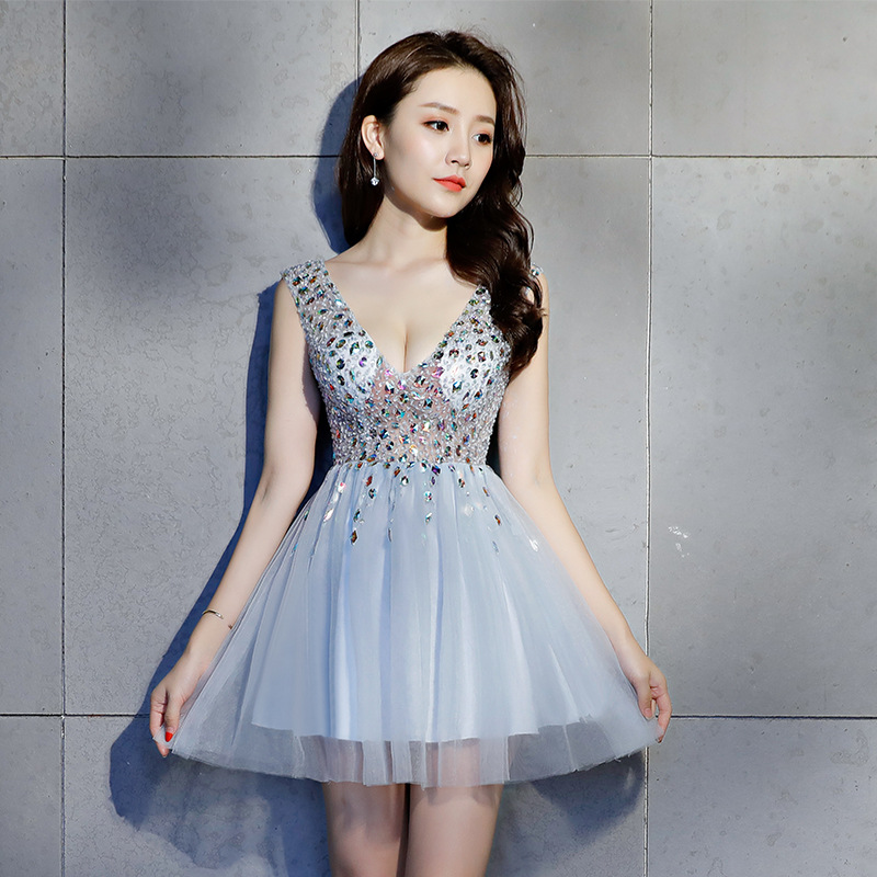 Light Blue Sexy Mini A-Line Silk Show Dress Sequins Stones Sheer