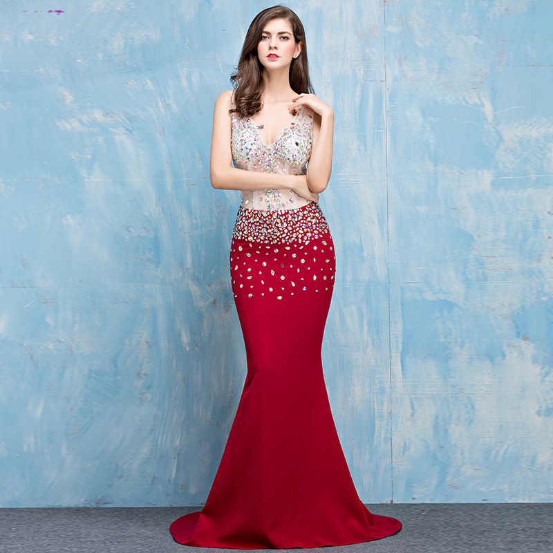 Red Sexy Transparent Silk Mermaid Actress Model Dress With Train Shiny Stones