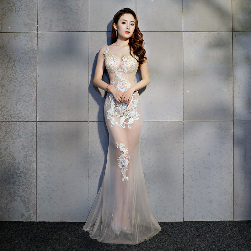 Champagne Transparent Sexy Long Mermaid Silk Floral Lace Dress