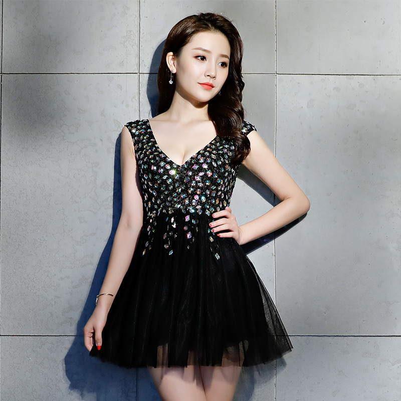 Black Sexy Mini A-Line Silk Show Dress Sequins Stones Sheer