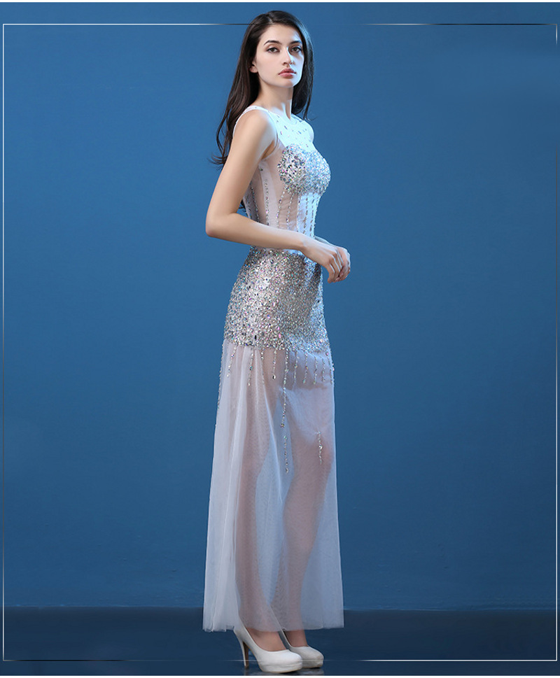 Sexy Maxi A-Line Real Silk Lady Evening Dress Shiny Stones