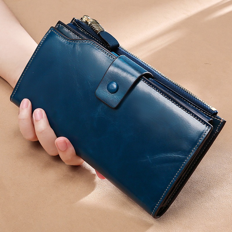 Blue leather clutch wallet for women
