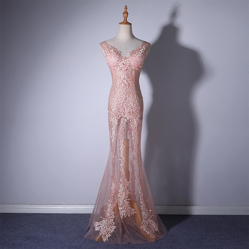 Pink Sexy Translucent Silk Lace Dress, Maxi, Sleeveless, Deep V-Neck