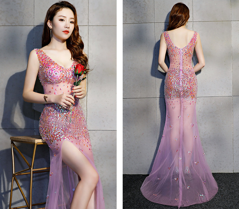 Long A-line Split Silk Prom Evening Dress Sequin Stone Sexy Wholesale