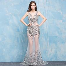 Transparent Diamond Train Dress Backless Real Silk wholesale, custom logo printed