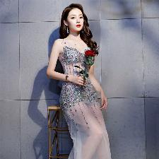 Sexy Transparent A-Line Silk Actress Dress Long Maxi Shiny Stones wholesale, custom logo printed